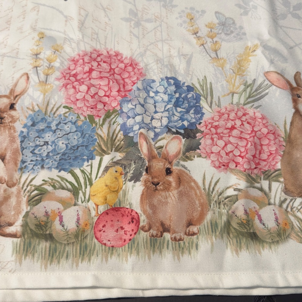 Nicole Miller Home Easter Bunny Floral Tablecloth 60x84 Ivory Pink Hydrangea